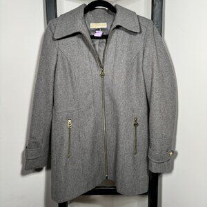 Michael Kors Gray Wool Blend Zip-Up Coat with Gold Hardware